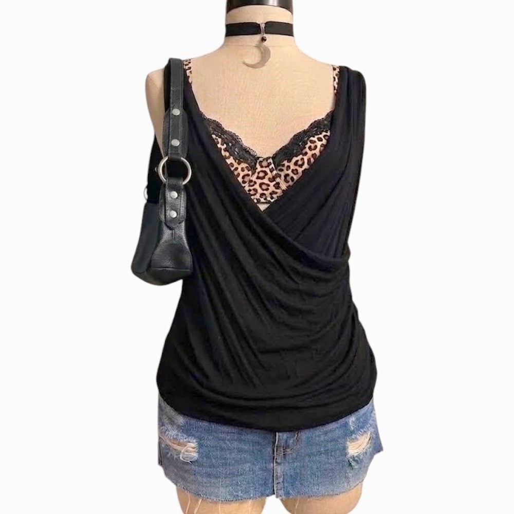 Black Draped Deep V-Neck Sleeveless Tank Top Medium Fitted Stretchy Sexy